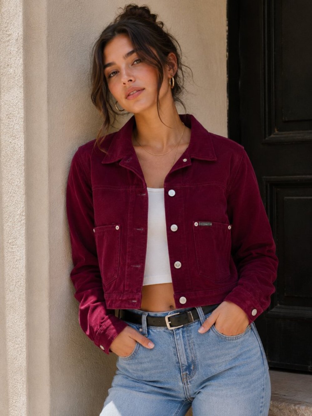 CK CALVIN KLEIN JEANS 90's RED VELVETEEN CROPPED TRUCKER JACKET | SUPER RARE